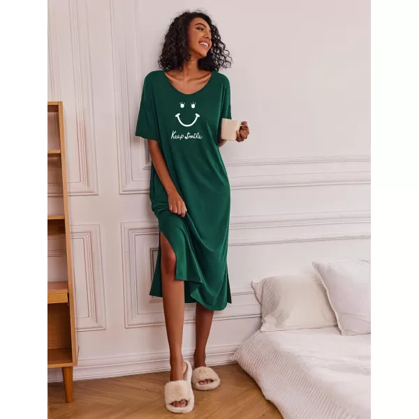 Ekouaer Women Nightgowns Long Night Gowns for Women O Neck Loungewear Sleep Shirts Sleepwear GownDark Green