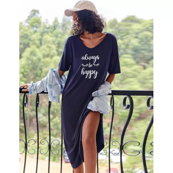 Ekouaer Women Nightgowns Long Night Gowns for Women O Neck Loungewear Sleep Shirts Sleepwear GownNavy Blue