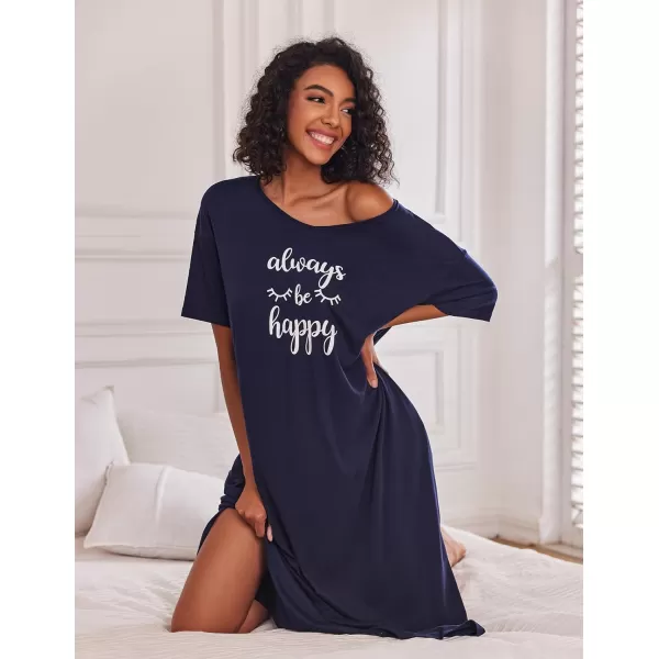 Ekouaer Women Nightgowns Long Night Gowns for Women O Neck Loungewear Sleep Shirts Sleepwear GownNavy Blue