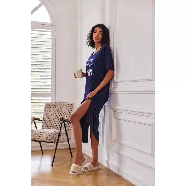 Ekouaer Women Nightgowns Long Night Gowns for Women O Neck Loungewear Sleep Shirts Sleepwear GownNavy Blue