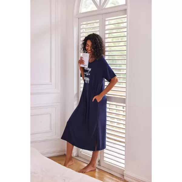 Ekouaer Women Nightgowns Long Night Gowns for Women O Neck Loungewear Sleep Shirts Sleepwear GownNavy Blue