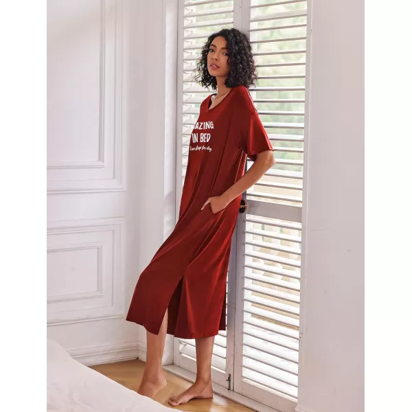 Ekouaer Women Nightgowns Long Night Gowns for Women O Neck Loungewear Sleep Shirts Sleepwear GownRed