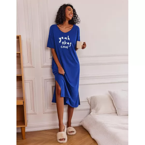 Ekouaer Women Nightgowns Long Night Gowns for Women O Neck Loungewear Sleep Shirts Sleepwear GownSnorkel Blue