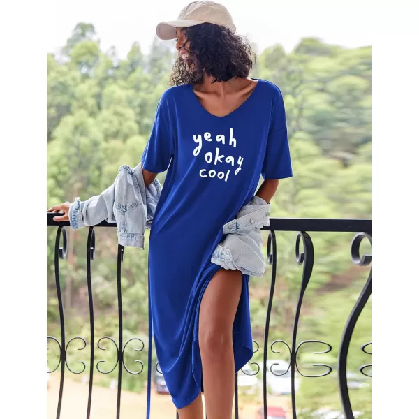 Ekouaer Women Nightgowns Long Night Gowns for Women O Neck Loungewear Sleep Shirts Sleepwear GownSnorkel Blue