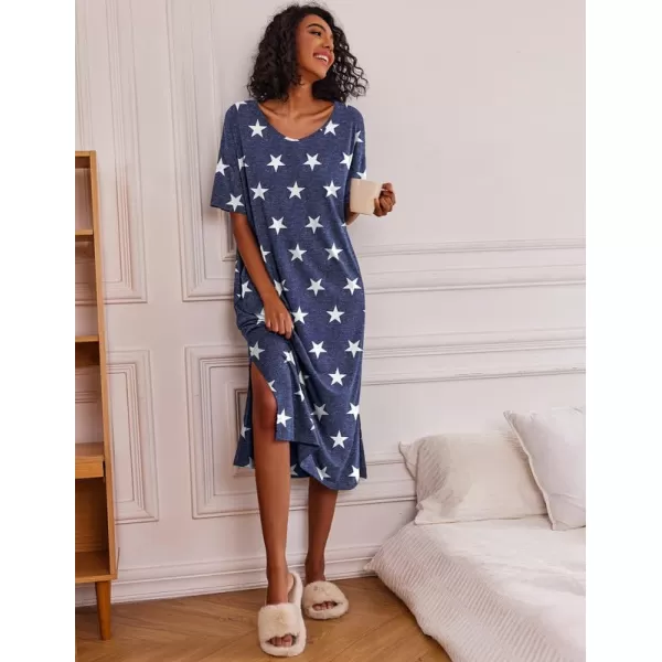 Ekouaer Women Nightgowns Long Night Gowns for Women O Neck Loungewear Sleep Shirts Sleepwear GownStar Print