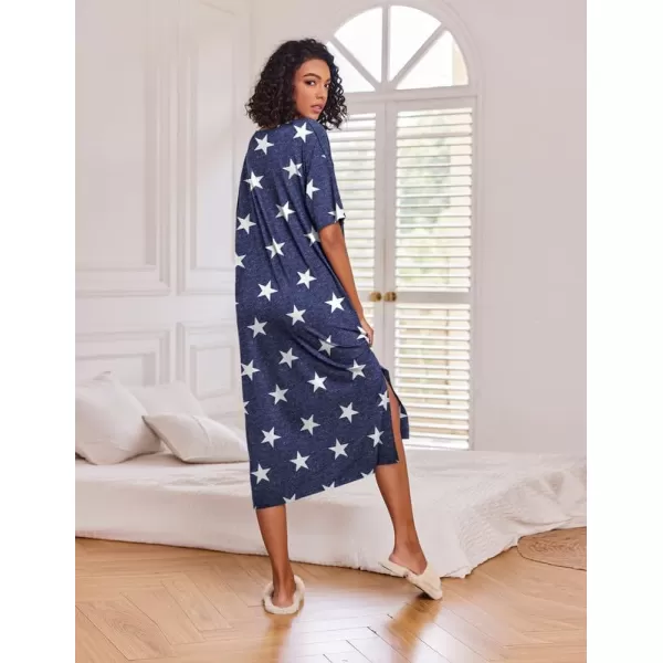 Ekouaer Women Nightgowns Long Night Gowns for Women O Neck Loungewear Sleep Shirts Sleepwear GownStar Print