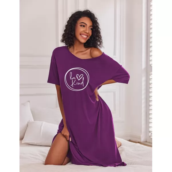 Ekouaer Women Nightgowns Long Night Gowns for Women O Neck Loungewear Sleep Shirts Sleepwear GownWineberry