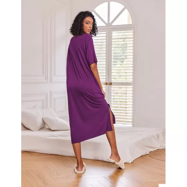 Ekouaer Women Nightgowns Long Night Gowns for Women O Neck Loungewear Sleep Shirts Sleepwear GownWineberry