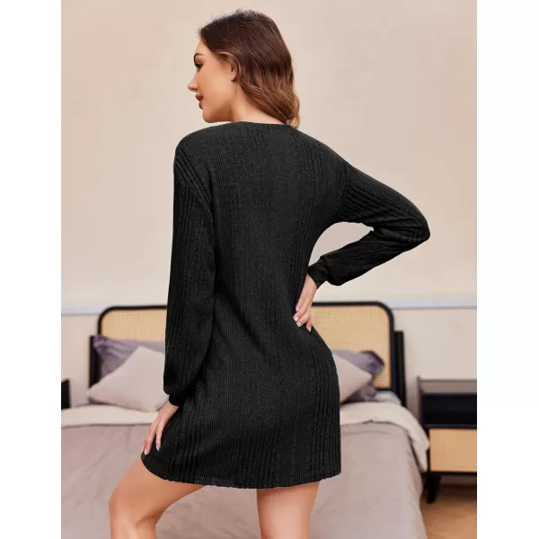 Ekouaer Women Nightgowns Long Sleeve Ribbed Knit Night Shirts Cozy Crew Neck Sleepwear Soft Warm Sweater DressBlack