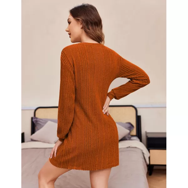 Ekouaer Women Nightgowns Long Sleeve Ribbed Knit Night Shirts Cozy Crew Neck Sleepwear Soft Warm Sweater DressCaramel