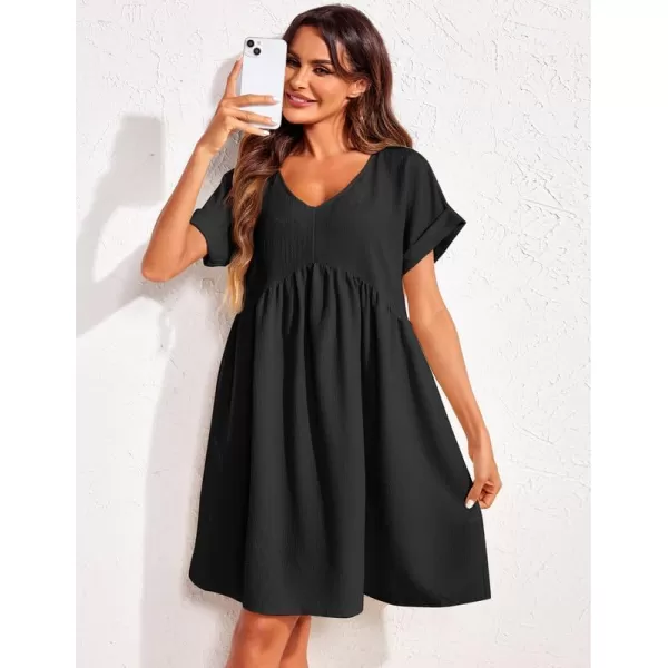 Ekouaer Women Nightgowns Short Sleeve Sleepwear V Neck Sleepshirt Bubble Wrinkle Pajama Dress SXXLBlack