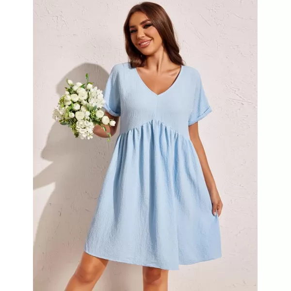 Ekouaer Women Nightgowns Short Sleeve Sleepwear V Neck Sleepshirt Bubble Wrinkle Pajama Dress SXXLBlue