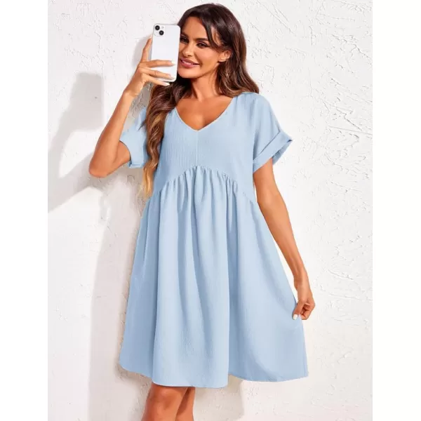 Ekouaer Women Nightgowns Short Sleeve Sleepwear V Neck Sleepshirt Bubble Wrinkle Pajama Dress SXXLBlue