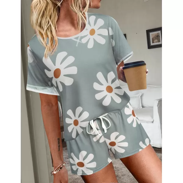 Ekouaer Women Pajama Set Casual Short SetGreyflower Printed