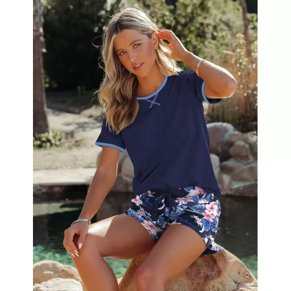 Ekouaer Women Pajama Set Casual Short SetNavy Blue Flower