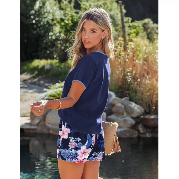 Ekouaer Women Pajama Set Casual Short SetNavy Blue Flower