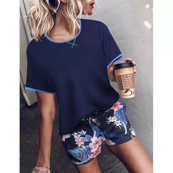 Ekouaer Women Pajama Set Casual Short SetNavy Blue Flower