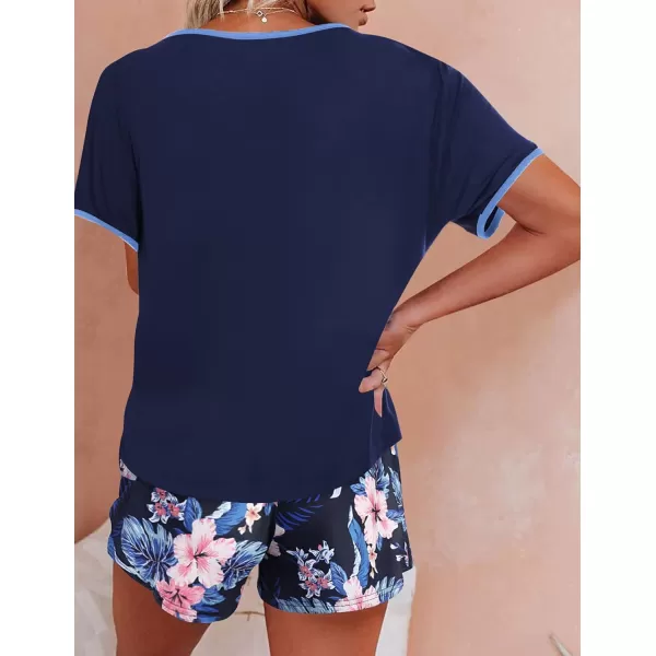 Ekouaer Women Pajama Set Casual Short SetNavy Blue Flower