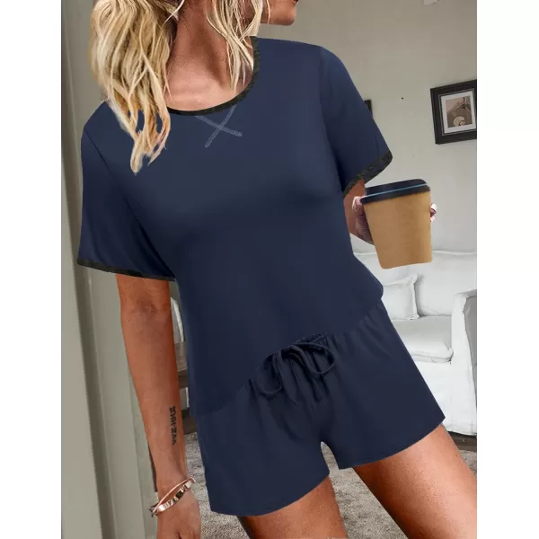 Ekouaer Women Pajama Set Casual Short SetSolid Colournavy Blue