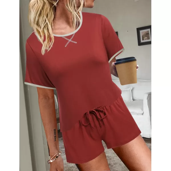 Ekouaer Women Pajama Set Casual Short SetSolid Colourwine Red