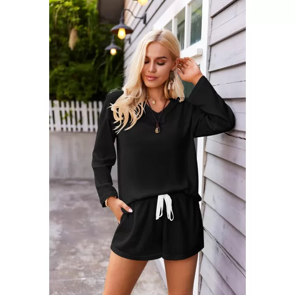 Ekouaer Women Pajama Set Waffle Knit SetAblack