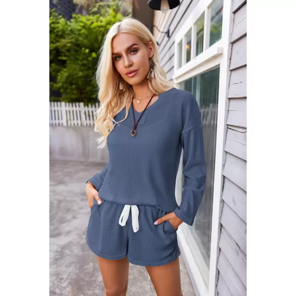 Ekouaer Women Pajama Set Waffle Knit SetAnavy Blue