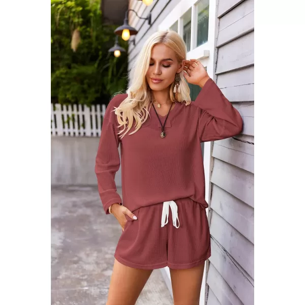 Ekouaer Women Pajama Set Waffle Knit SetDeep Red