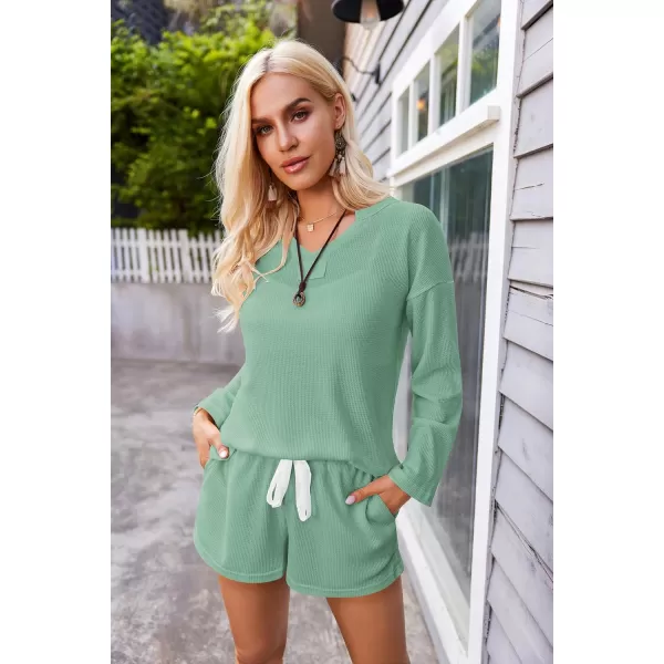 Ekouaer Women Pajama Set Waffle Knit SetGreen