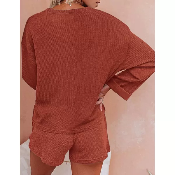 Ekouaer Women Pajama Set Waffle Knit SetOrange Red