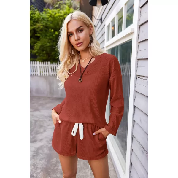 Ekouaer Women Pajama Set Waffle Knit SetOrange Red