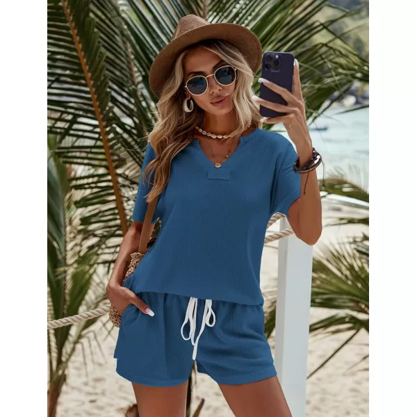 Ekouaer Women Pajama Set Waffle Knit SetShort Sleevenavy