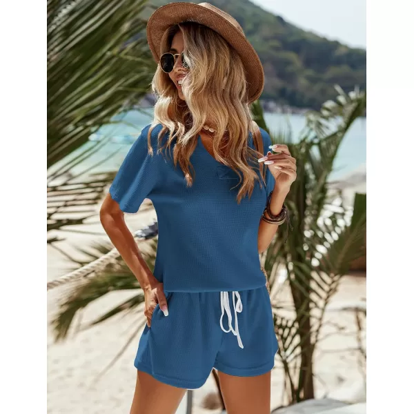 Ekouaer Women Pajama Set Waffle Knit SetShort Sleevenavy