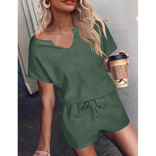 Ekouaer Women Pajama Set Waffle Knit SetShort Sleevesea Green