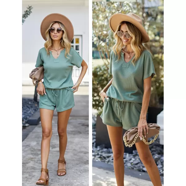 Ekouaer Women Pajama Set Waffle Knit SetShort Sleevesea Green