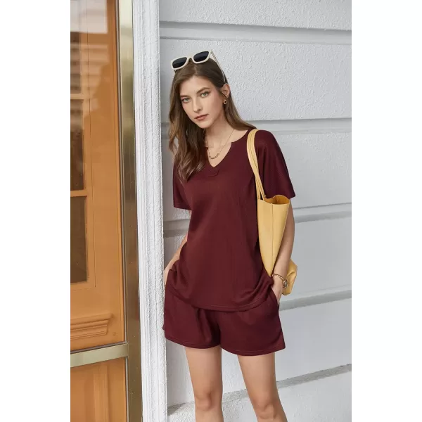 Ekouaer Women Pajama Set Waffle Knit SetShort Sleevewine Red