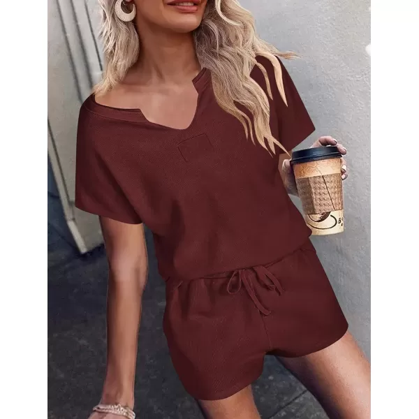 Ekouaer Women Pajama Set Waffle Knit SetShort Sleevewine Red