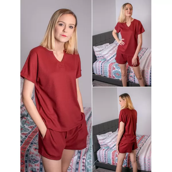 Ekouaer Women Pajama Set Waffle Knit SetShort Sleevewine Red