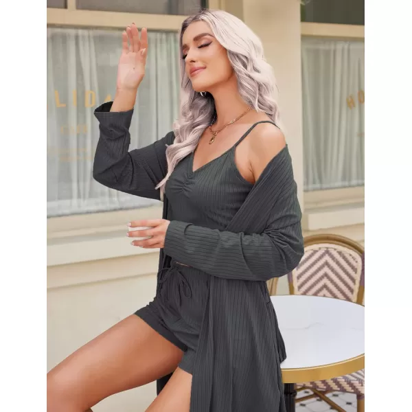 Ekouaer Women Pajamas Set 3 Piece Lounge Sets with Open Front Cardigan Pocketed Cami and Shorts Pjs Belted Robe SetDark Grey