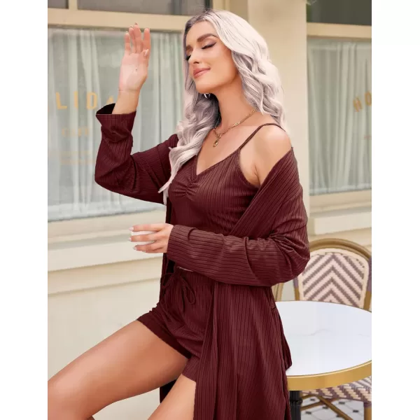 Ekouaer Women Pajamas Set 3 Piece Lounge Sets with Open Front Cardigan Pocketed Cami and Shorts Pjs Belted Robe SetDark Red