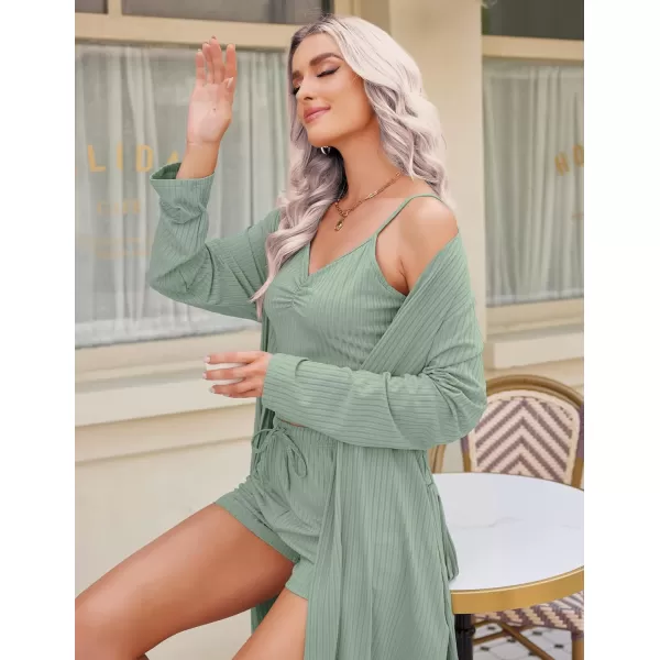 Ekouaer Women Pajamas Set 3 Piece Lounge Sets with Open Front Cardigan Pocketed Cami and Shorts Pjs Belted Robe SetGreen