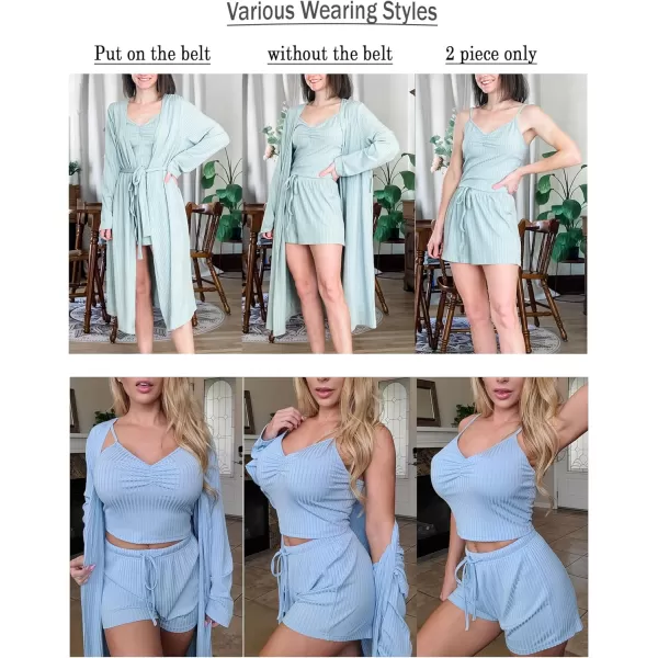 Ekouaer Women Pajamas Set 3 Piece Lounge Sets with Open Front Cardigan Pocketed Cami and Shorts Pjs Belted Robe SetLight Blue