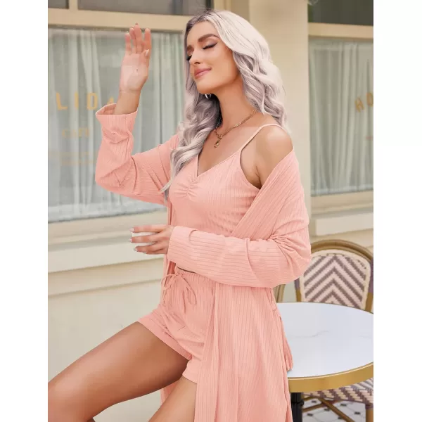 Ekouaer Women Pajamas Set 3 Piece Lounge Sets with Open Front Cardigan Pocketed Cami and Shorts Pjs Belted Robe SetPink
