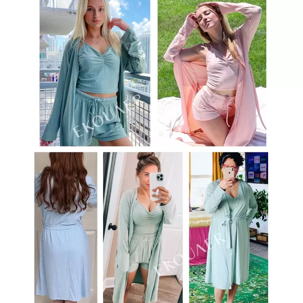 Ekouaer Women Pajamas Set 3 Piece Lounge Sets with Open Front Cardigan Pocketed Cami and Shorts Pjs Belted Robe SetPink
