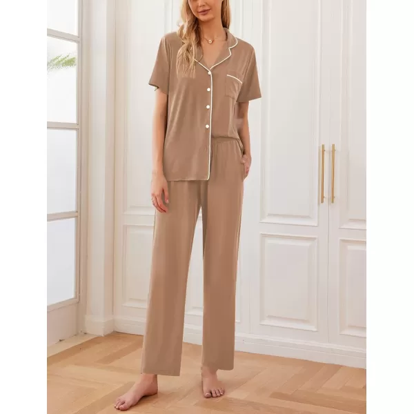 Ekouaer Women Pajamas Set Button Down Sleepwear Short Sleeve Nightwear with Long Pants Soft Pjs Set with Pockets SXXLBrown