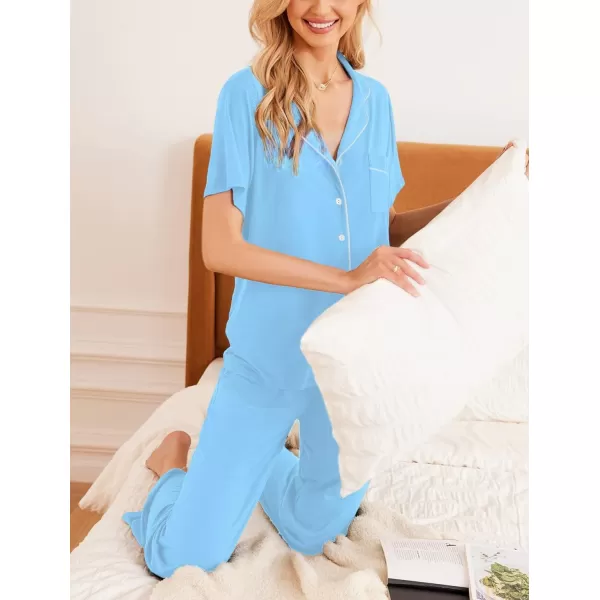 Ekouaer Women Pajamas Set Button Down Sleepwear Short Sleeve Nightwear with Long Pants Soft Pjs Set with Pockets SXXLClear Blue