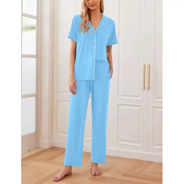 Ekouaer Women Pajamas Set Button Down Sleepwear Short Sleeve Nightwear with Long Pants Soft Pjs Set with Pockets SXXLClear Blue