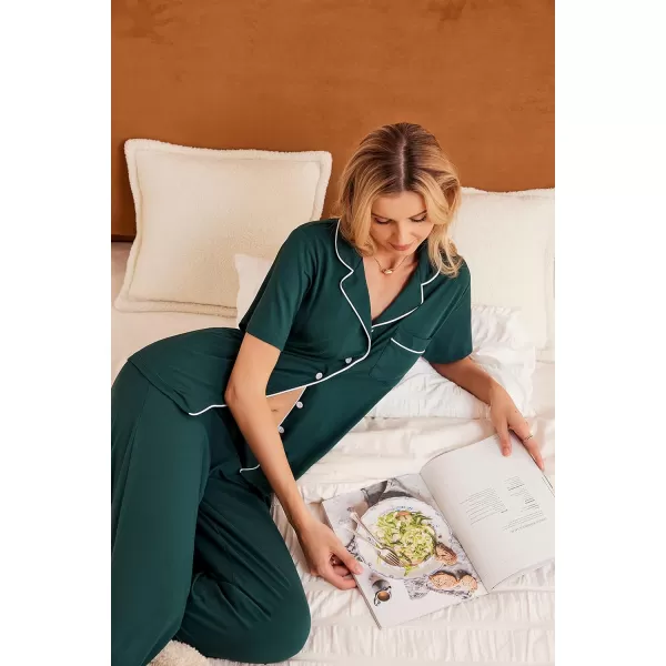 Ekouaer Women Pajamas Set Button Down Sleepwear Short Sleeve Nightwear with Long Pants Soft Pjs Set with Pockets SXXLDark Green
