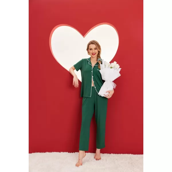 Ekouaer Women Pajamas Set Button Down Sleepwear Short Sleeve Nightwear with Long Pants Soft Pjs Set with Pockets SXXLDark Green