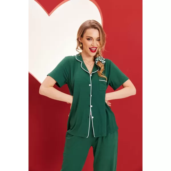 Ekouaer Women Pajamas Set Button Down Sleepwear Short Sleeve Nightwear with Long Pants Soft Pjs Set with Pockets SXXLDark Green