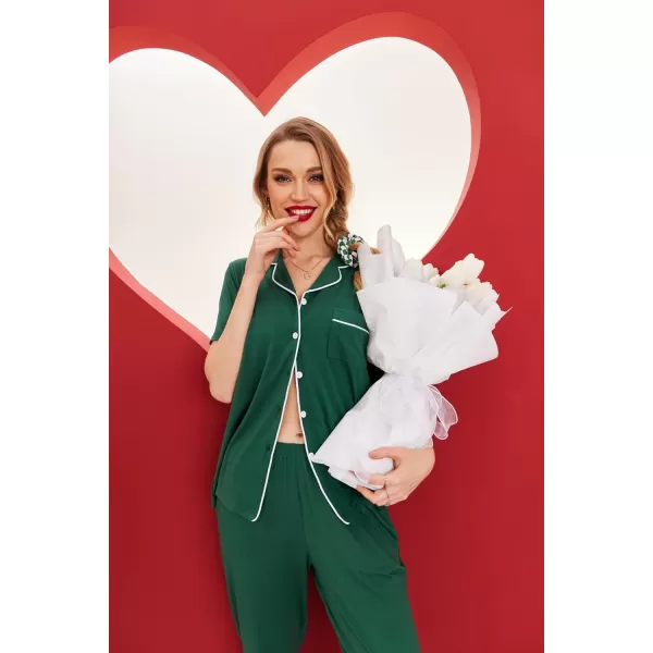 Ekouaer Women Pajamas Set Button Down Sleepwear Short Sleeve Nightwear with Long Pants Soft Pjs Set with Pockets SXXLDark Green